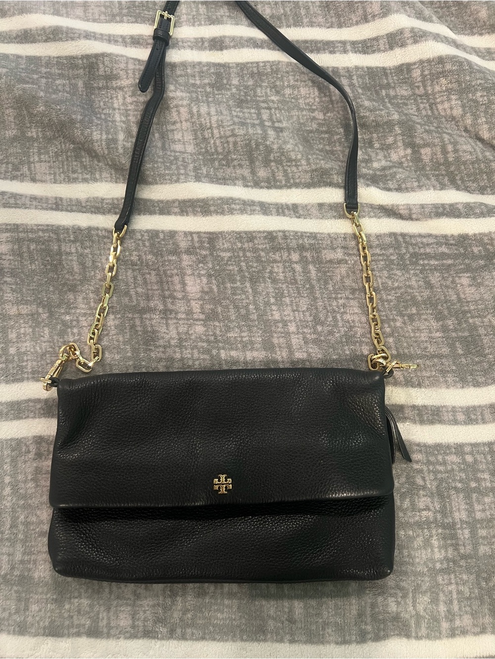 Tory Burch Black Pebbled Leather Crossbody with Gold Chain